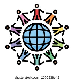 Cross-cultural people, multi-cultural group, diverse people, around the globe, rainbow colour icon, round line, editable stroke, vector symbol