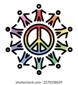 Cross-cultural people, multi-cultural group, love peace sign rainbow colour icon, round line, editable stroke, vector symbol