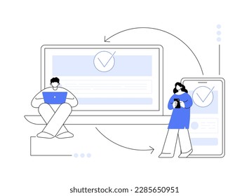 Cross-device syncing abstract concept vector illustration. All device synching, software testing operation, cross-device synchronization, website mobile and desktop versions abstract metaphor.