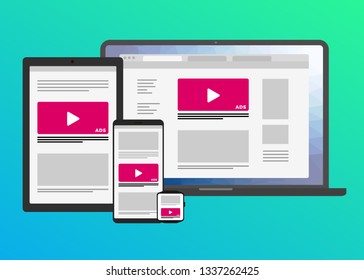 Cross-device tracking advertising and multi targeting marketing strategy. Advertising banner on website, cross platform campaign - Laptop, tablet PC, mobile phone and smart watch.