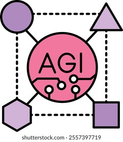 Cross-Domain Learning Icon – Geometric Shapes Around AGI Text, Signifying Interdisciplinary Knowledge Sharing and Transfer. Vector illustration.