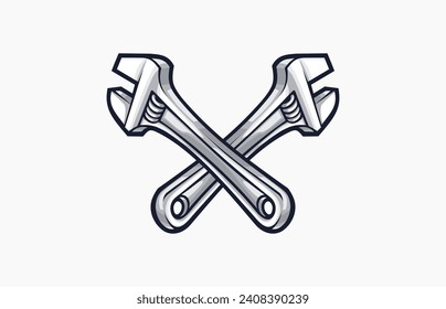 Crossed Adjustable monkey wrench, monkey spanner icon for graphic design of logo, emblem, symbol, sign, badge, label, stamp isolated on white background, vector illustration