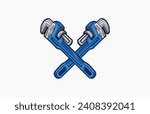 Crossed Adjustable Pipe Wrench, Monkey Wrench icon for graphic design of logo, emblem, symbol, sign, badge, label, stamp isolated on white background, vector illustration