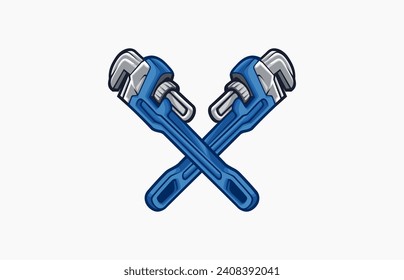 Crossed Adjustable Pipe Wrench, Monkey Wrench icon for graphic design of logo, emblem, symbol, sign, badge, label, stamp isolated on white background, vector illustration