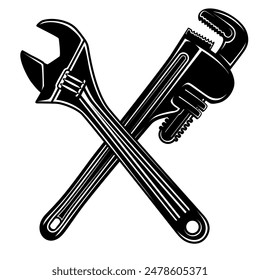 Símbolo de icono de llave de tubo ajustable cruzada y fontanera. Herramientas de reparación plomería logo diseño Ilustración vectorial