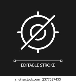 Crossed aim pixel perfect white linear ui icon for dark theme. Focus on objects prohibition. Vector line pictogram. Isolated user interface symbol for night mode. Editable stroke. Arial font used