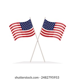 Crossed american flags on white background.