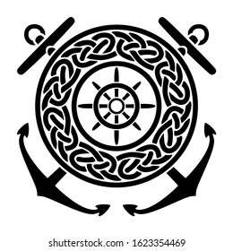 Crossed anchors on the background of a helm with a circular script. Image for the logo of a marine club yacht or a pleasure boat.