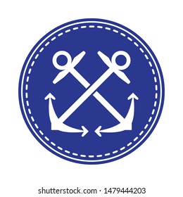 Crossed anchors symbol, negative in navy blue circle. Sailing and nautical equipment  symbol