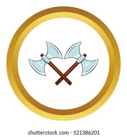 Crossed ancient battle double axes vector icon in golden circle, cartoon style isolated on white background