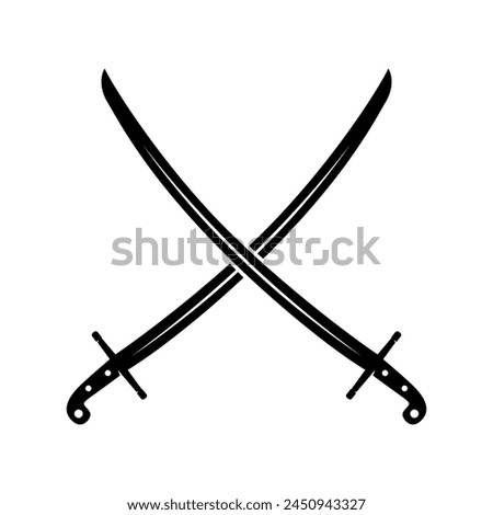 Crossed ancient sabers. Design element for emblem, sign, badge. Vector illustration