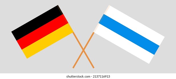 Überkreuzte Anti-Krieg-Weißblauer-Flagge der russischen Opposition und Flagge Deutschlands