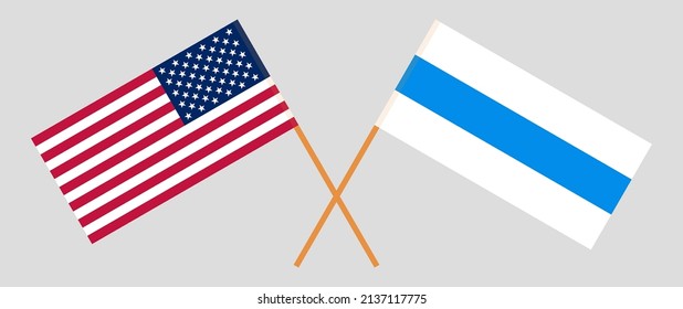 Überkreuzte Anti-Kriegs-Weißblauer-Flagge der russischen Opposition und der Flagge der USA