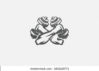 Crossed arms athlete with dumbbells silhouette vector illustration. Arms of muscular sportsman with dumbbells during weightlifting in gym hand drawn stamp grunge texture for poster or label decoration