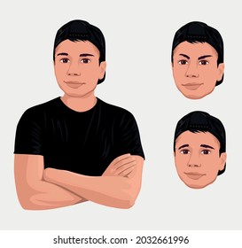 Crossed arms boy with different facial expressions