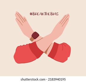 Crossed Arms. Break The Bias campaign. International Women's Day. Movement against discrimination and stereotypes. Flat vector