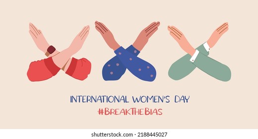 Crossed Arms. Break The Bias campaign. International Women's Day. Movement against discrimination and stereotypes. Flat vector