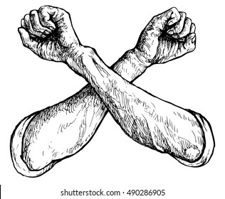Crossed arms and fists    hand drawn vector illustration  isolated white
