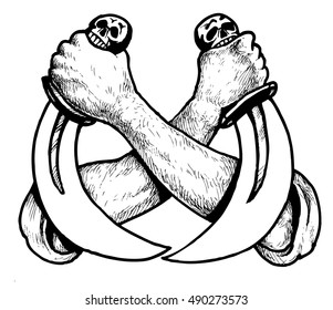 Crossed arms with knives - hand drawn vector illustration, isolated on white