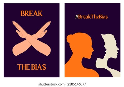 Überkreuzte Arme auf isoliertem Hintergrund. Brechen Sie das Bias! Internationales Frauentag-Konzept-Poster.