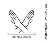Crossed arms, stop gesture linear icon. Request to stop action. Prohibition of action. Thin line customizable illustration. Contour symbol. Vector isolated outline drawing. Editable stroke