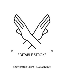 Crossed arms  stop gesture linear icon  Request to stop action  Prohibition action  Thin line customizable illustration  Contour symbol  Vector isolated outline drawing  Editable stroke