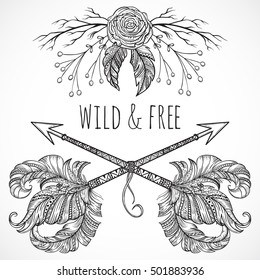 Crossed arrows ,feather, flower, leaf and branch in boho style. Wild and free.  Isolated elements. Vintage hand drawn vector illustration.