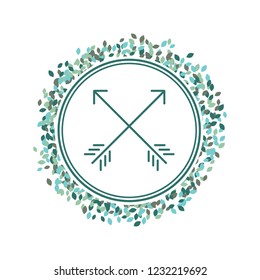 crossed arrows inside leafs wreath, hipster monogram emblem