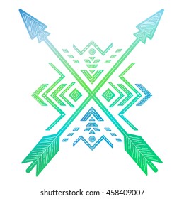 Crossed arrows with mexican and aztec tribal ornament. Indian and Peru ethnic print for fashion, clothes, embroidery. Boho style. Vector illustration.