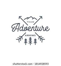 Crossed Arrows with mountain and pine tree line art. Minimalist Rustic Hipster logo design with line art style