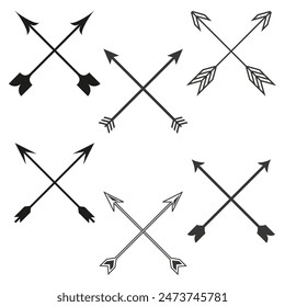Flechas cruzadas. Blanco y negro. Varios estilos. Ilustración vectorial.