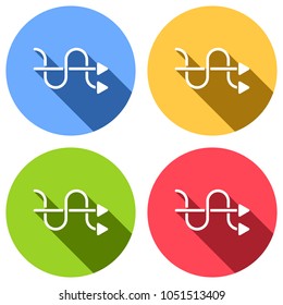 crossed arrows. simple silhouette. Set of white icons with long shadow on blue, orange, green and red colored circles. Sticker style