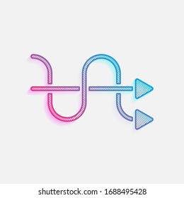 crossed arrows. simple silhouette. Technology logo with diagonal lines and colored gradient. Neon graphic, light effect. Blue and red colors