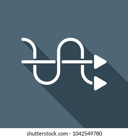 crossed arrows. simple silhouette. White flat icon with long shadow on background