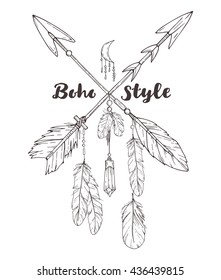 crossed arrows with text and feathers, half moon, crystal in vintage boho apache style; bohemian traditional hand drawn sketch vector illustration for hipster posters, postcards, invitations