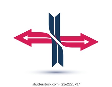 Logotipo vectorial de flechas cruzadas, concepto de movimiento inverso opuesto, inversión y giro, signo de diseño gráfico dinámico.