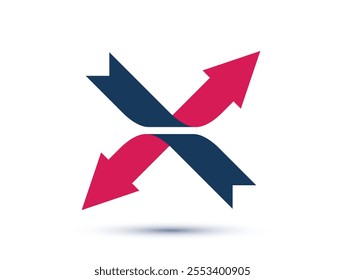 Crossed arrows vector logo, opposite reverse movement concept, inversion and upturn, dynamic graphic design sign.