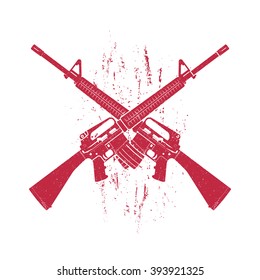 crossed assault rifles, two 5.56 mm automatic guns, red on white, vector illustration