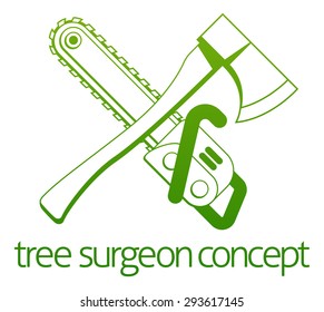 A crossed axe and chainsaw Tree Surgeon or gardener concept design