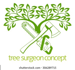 A crossed axe and chainsaw and tree Tree Surgeon or gardener concept design