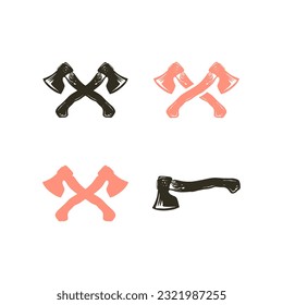 Crossed axe, vintage rustic vector collection isolated on white background, hipster logo design element