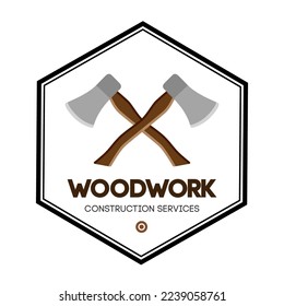 Crossed axe woodwork logo. Vector carpentry badge.