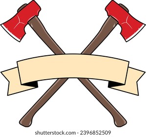 Crossed axes with banner illustration. Lumberjack Vector Logo.