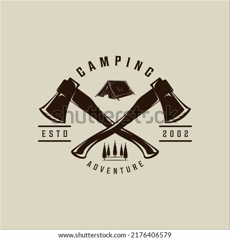 crossed axes camping logo vector vintage illustration template icon graphic design. nature camp forest sign or symbol for outdoors travel concept with retro typography style