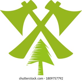 crossed axes and coniferous tree with patterns of cuts concept of woodworking and natural materials for construction logo for design object on white background