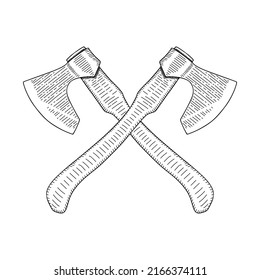 Crossed axes in the doodle style isolated on a white background. A quick sketch drawn by hand. Vector drawing of crossed axes for design.
