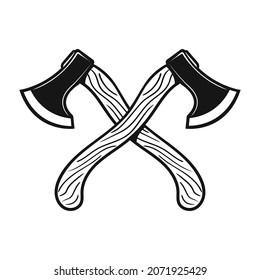 Crossed axes emblem. Tool ax for  lumberjack. Monochrom flat design. Vector illustration.