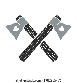 Crossed axes with hearts. Ax vector icon, isolated on background.