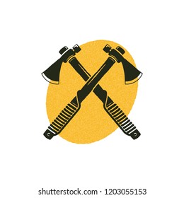 Crossed axes icon with yellow shape behind. Lumberjack symbol isolated on white background. Silhouette design. Stock Vector illustration isolated on white.