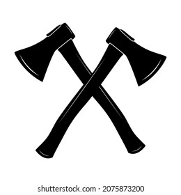 Crossed axes isolated on white background. Black hatchet silhouette. Lumberjack ax icon, symbol or logo. Two camping axes with wooden handles. Cartoon flat simple style sign. Stock vector illustration